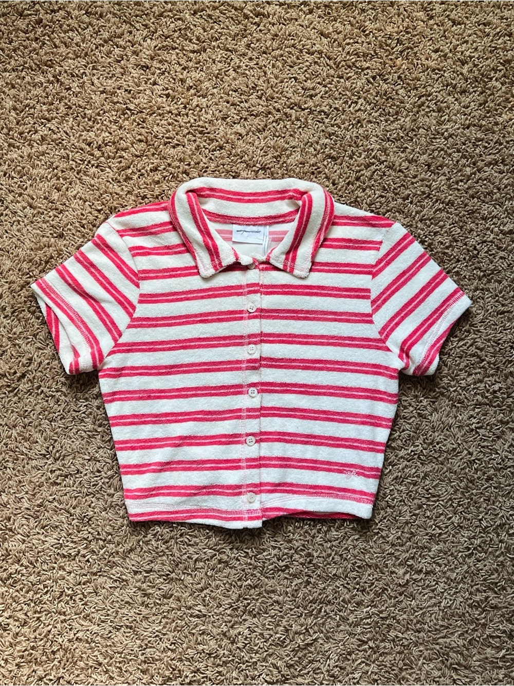 Out From Under Cropped Striped Pink & White Terry Polo